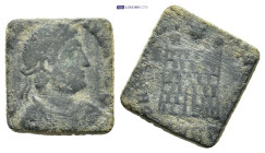 Weight of 1 Semissis (Bronze, 14mm, 2.1 g), a square coin weight for a semisssis made from a follis. Laureate head of Emperor to right. Rev.Campgate w...