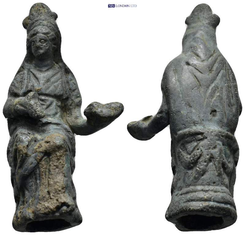 A bronze female figurine seated on altar. (59mm, 57.0 g)