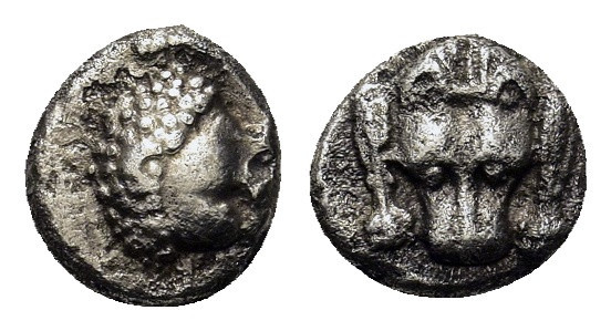 Caria, Mylasa, c. 420-390 BC. AR Hemiobol (6,4mm, 0.5g). Forepart of lion r., he...