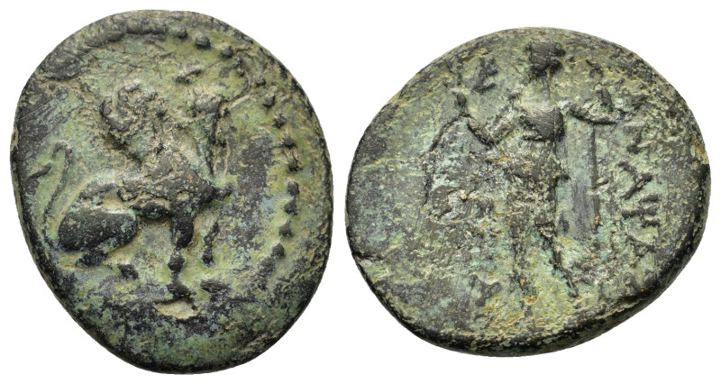 Pamphylia, Perge, c. 260-230 BC. Æ (16,3mm, 3.5g). Sphinx seated r. wearing kala...