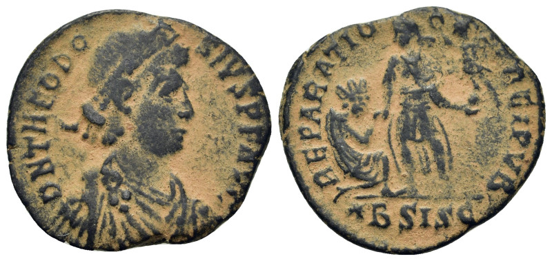 Theodosius I (379-395). Æ (22,8mm, 3.9g). Siscia, AD 378-383. Pearl-diademed, dr...