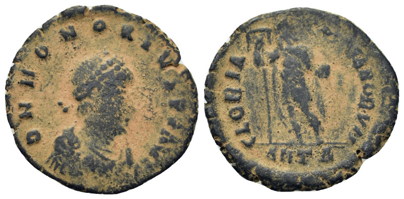 Honorius (393-423). Æ (22,2mm, 3.27g). Antioch, AD 393-395. Pearl-diademed, drap...