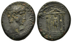 Claudius (41-54). Mysia, Pergamon. Æ (17mm, 5.4g). Bare head of Claudius right. R/ Statue of Augustus, holding spear, within tetrastyle temple, shield...