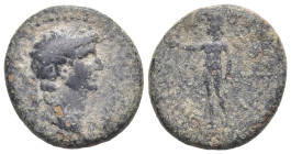 Claudius (41-54). Phrygia, Cotiaeum. Æ (20mm, 4.63g). Varus "son of the polis," magistrate. Laureate head r. R/ Zeus(?) standing l., naked, raising ha...