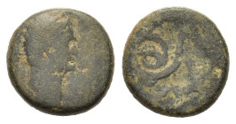 Domitian (81-96). Corinth. Æ (17,5mm, 7.5g) IMP CAES DOMIT AVG GERM laureate head of Domitian. R/ COL IVL COR; Hero Perseus to left, fighting against ...