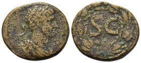 Hadrian (117-138). Seleucis and Pieria, Antioch. Æ (27mm, 15.9g). Laureate, draped and cuirassed bust r. R/ SC within laurel wreath. McAlee 536a; RPC ...