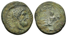 Marcus Aurelius (Caesar, 139-161). Thrace, Hadrianopolis. Æ (15,2mm, 2g). Bareheaded, draped, and cuirassed bust right, seen from behind. R/ River-god...