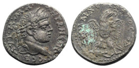 Caracalla (198-217). Seleucis and Pieria, Antioch. AR Tetradrachm (27mm, 12.39g, 7h). AD 215-7. Laureate head r. R/ Eagle standing facing, head r., wi...