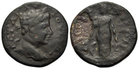 Geta (Caesar, 198-209). Phrygia, Amorium. Æ (25mm, 7.60g). Laureate head r. R/ Nemesis standing facing, head l., wheel at her side, holding bridle and...