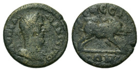 Macrinus (217-218). Ionia, Ephesus. Æ (16,7mm, 2.8g). Laureate and draped bust r. R/ Boar advancing r., pierced by spear. Karwiese 607; SNG Copenhagen...