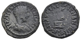 Diadumenian (Caesar, AD 217-218). Uncertain mint. Æ (18mm, 2.94g). Bare-headed, draped and cuirassed bust r. R/ Coiled serpent(?) on altar.