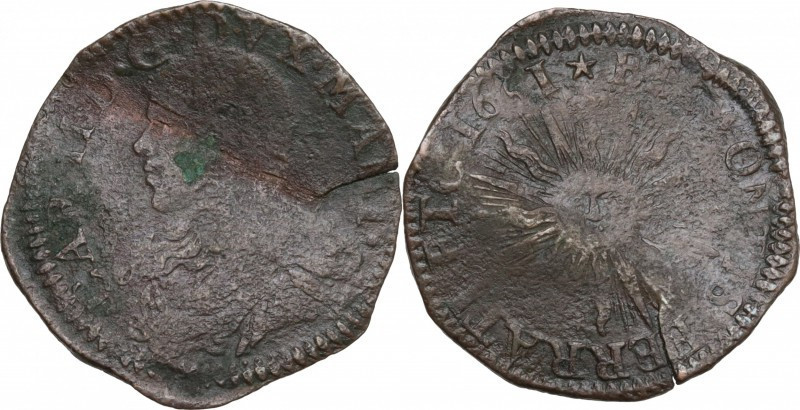 Italy, Mantova. Carlo II Gonzaga. AD 1647-1665. Æ Soldo 1661 (20mm, 1.70g). Fine...