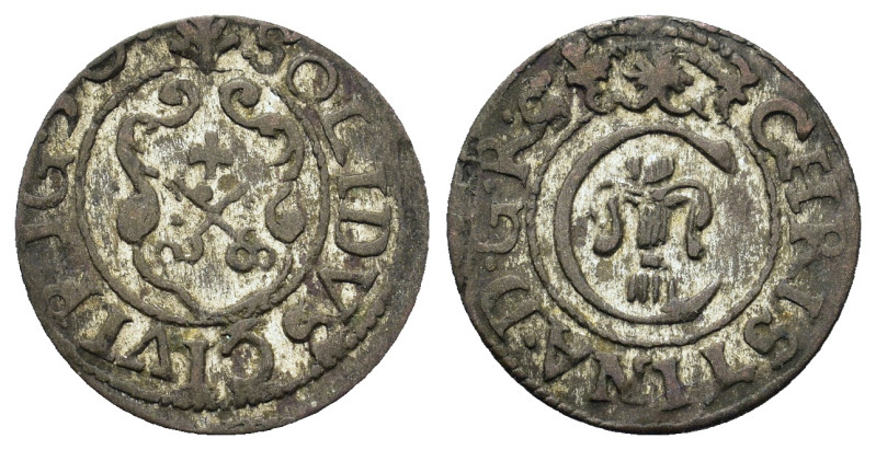 Livonia. Kristina of Sweden (1632-1654). BI Solidus (15mm, 0.56g, 12h). Arms. R/...