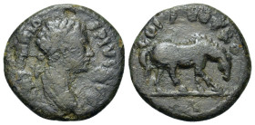 Elagabalus (218-222). Troas, Alexandria. Æ (22,2mm, 5.76g). Laureate, draped and cuirassed bust r. R/ Horse grazing r. SNG Copenhagen 153.