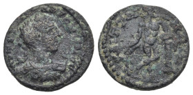 Elagabalus (218-222). Lydia, Saitta. Æ (15,81mm, 1.91g). Obverse design laureate, draped and cuirassed bust of Elagabalus, r., seen from rear. R/Apoll...