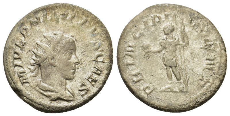 Philip II (Caesar, 244-247). AR Antoninianus (21mm, 2.13g, 6h). Radiate and drap...