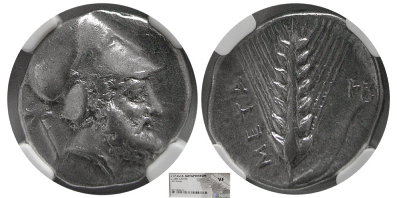 LUCANIA. Metapontum. Circa 340-330 BC. AR Stater. NGC-VF. Bearded head of Leukip...