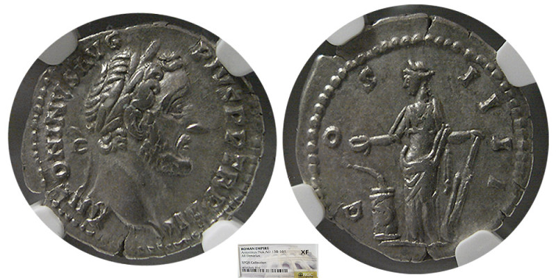 ROMAN EMPIRE; Antoninus Pius, 137-161 AD. AR Denarius. NGC-XF. Rome, 148-149 AD....