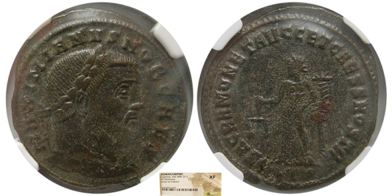 ROMAN EMPIRE; Galerius, issue as Caesar. AD. 305-311. BI Nummus. NGC XF. Ticinum...