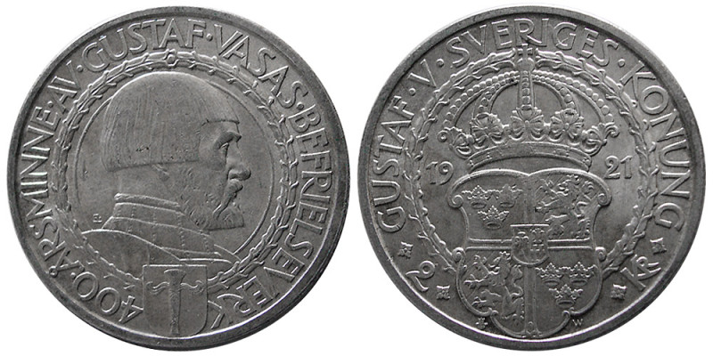 SWITZERLAND, Gustav V. 1907-1950. Silver 2 Kronen (14.93 gm; 30 mm). dated 1921....