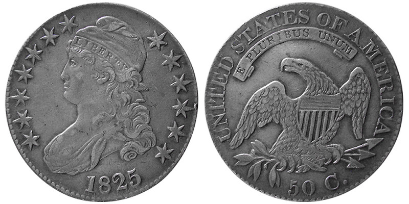 UNITED STATES. 1825 Capped Bust. Half Dollar. Choice AU. Nice old cabinet toning...