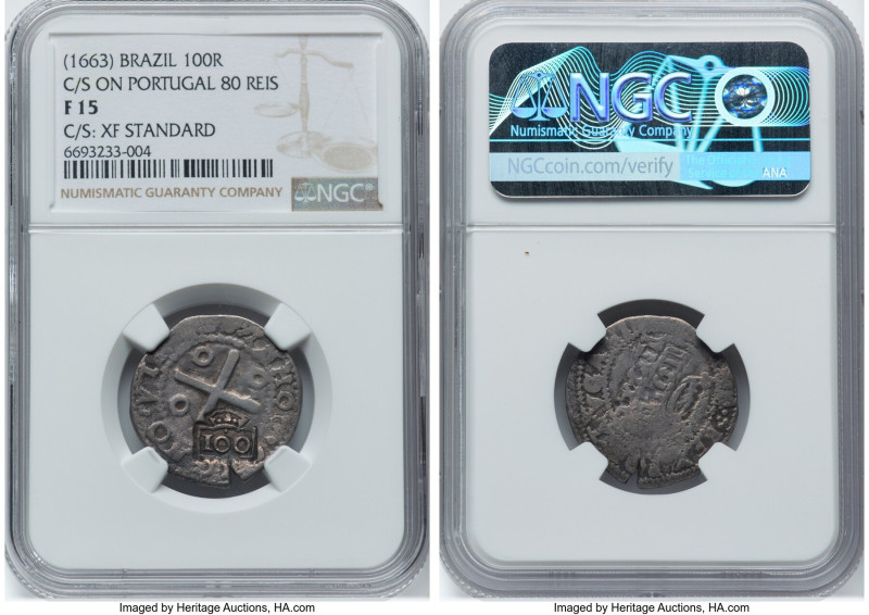 Afonso VI Counterstamped 100 Reis ND (1663) F15 NGC, KM27, LMB-018. Crowned "100...