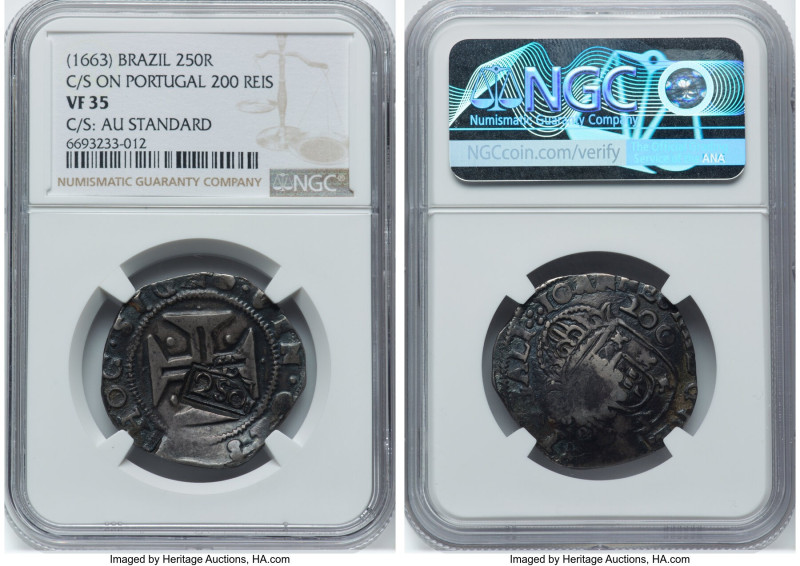 Afonso VI Counterstamped 250 Reis ND (1663) VF35 NGC, KM33.2, LMB-024. Crowned "...