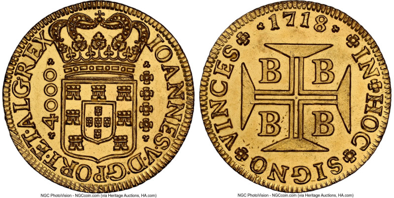 João V gold 4000 Reis 1718-B UNC Details (Cleaned) NGC, Bahia mint, KM106, LMB-0...