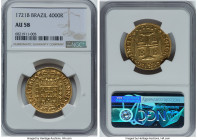 João V gold 4000 Reis 1721-B AU58 NGC, Bahia mint, KM106, LMB-67. Boldly rendered with confident caramel tone at the peripheries. Just two examples gr...