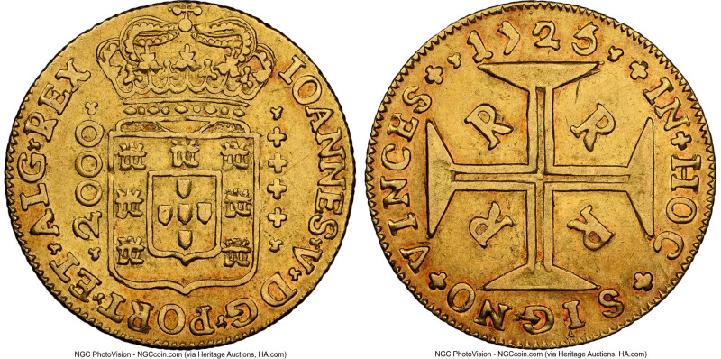 João V gold 2000 Reis 1725/3-R AU55 NGC, Rio de Janeiro mint, cf. KM112 (overdat...