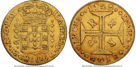 João V gold 2000 Reis 1725/3-R AU55 NGC, Rio de Janeiro mint, cf. KM112 (overdate unlisted), LMB-157 (same). Shades of russet and burnt sienna enrich ...
