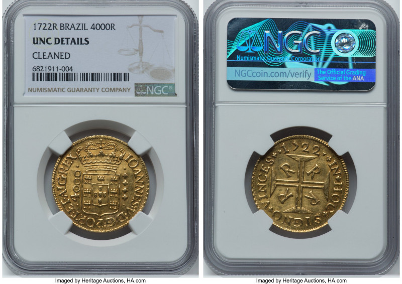 João V gold 4000 Reis 1722-R UNC Details (Cleaned) NGC, Rio de Janeiro mint, KM1...