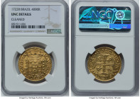 João V gold 4000 Reis 1722-R UNC Details (Cleaned) NGC, Rio de Janeiro mint, KM102, LMB-174. Respectable despite the cleaning with attractive goldfish...