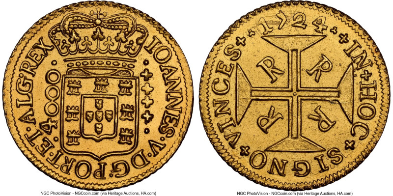 João V gold 4000 Reis 1724/3-R UNC Details (Cleaned) NGC, Rio de Janeiro mint, K...