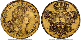 João V gold 6400 Reis 1734-R AU Details (Reverse Damage, Rim Filing) NGC, Rio de Janeiro mint, KM149, LMB-209. Absent from major collections such as t...