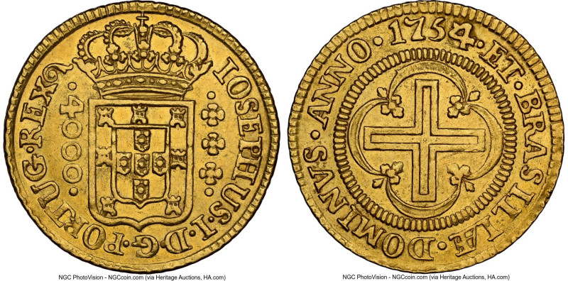Jose I gold 4000 Reis 1754/3-(L) AU58 NGC, Lisbon mint, KM171.1, cf. LMB-296 (un...