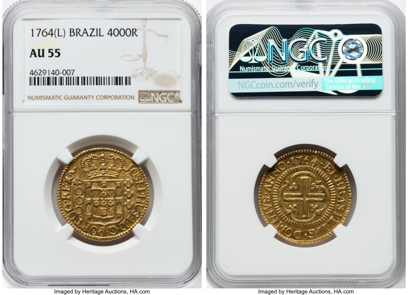 Jose I gold 4000 Reis 1764-(L) AU55 NGC, Lisbon mint, KM171.2, LMB-319. Third Ty...