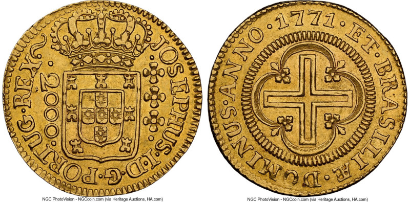 Jose I gold 2000 Reis 1771-(L) AU58 NGC, Lisbon mint, KM182.2, LMB-329. Fourth T...