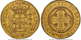 Jose I gold 2000 Reis 1771-(L) AU58 NGC, Lisbon mint, KM182.2, LMB-329. Fourth Type, JOSEPHUS/DOMINUS. Luminous, lemon-gold toning with well-preserved...