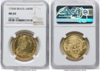 José I gold 6400 Reis 1756-B MS65 NGC, Bahia mint, KM172.1, LMB-386. A shimmering and somewhat glossy Gem. HID09801242017 © 2023 Heritage Auctions | A...