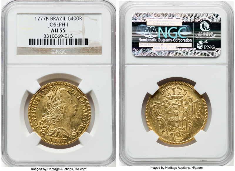 Jose I gold 6400 Reis 1777-B AU55 NGC, Bahia mint, KM172.1, LMB-407. A shimmerin...