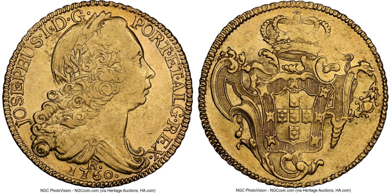 Jose I gold 6400 Reis 1760-R AU55 NGC, Rio de Janeiro mint, KM172.2, LMB-428. So...