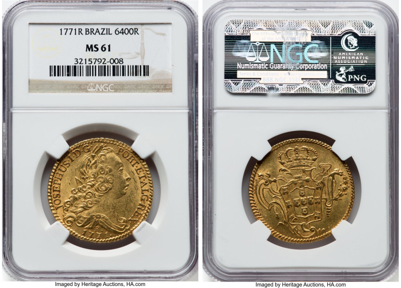 Jose I gold 6400 Reis 1771-R MS61 NGC, Rio de Janeiro mint, KM172.2, LMB-439. A ...