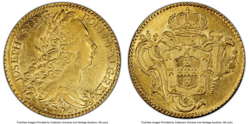 Jose I gold 6400 Reis 1775-R AU58 PCGS, Rio de Janeiro mint, KM172.2, LMB-443. L...