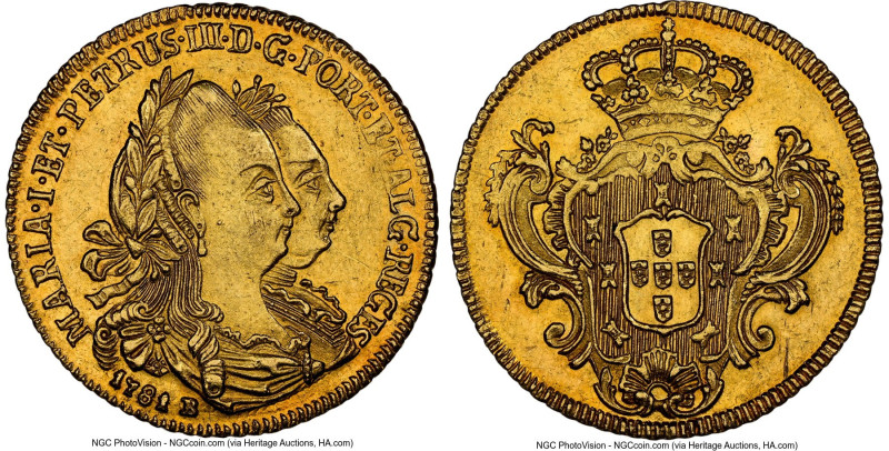 Maria I & Pedro III gold 3200 Reis 1781-B MS61 NGC, Bahia mint, KM150, LMB-476. ...