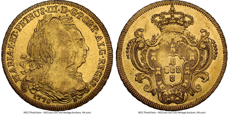 Maria I & Pedro III gold 6400 Reis 1778-B AU58 NGC, Bahia mint, KM199.1, LBM-460...