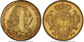 Maria I & Pedro III gold 6400 Reis (Peça) 1779/8-B AU53 NGC, Bahia mint, KM199.1, cf. LMB-484 (overdate unlisted). Second year of type. Arguably under...