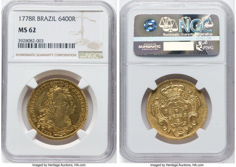 Maria I & Pedro III gold 6400 Reis 1778-R MS62 NGC, Rio de Janeiro mint, KM199.2...
