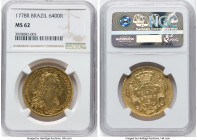 Maria I & Pedro III gold 6400 Reis 1778-R MS62 NGC, Rio de Janeiro mint, KM199.2, LMB-460. Showing attractive, semi-glassy golden surfaces. HID0980124...