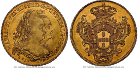 Maria I & Pedro III gold 6400 Reis 1779-R AU58 NGC, Rio de Janeiro mint, KM199.2, LMB-461. A very respectable representative with ample luster remaini...